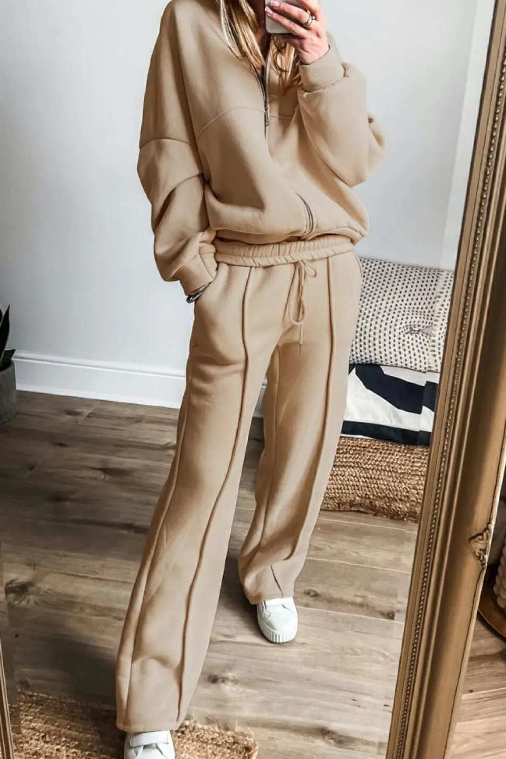 Clearance Dear-Lover Solid Seamed Zipper Jacket and Drawstring Waist Pants Set Apricot