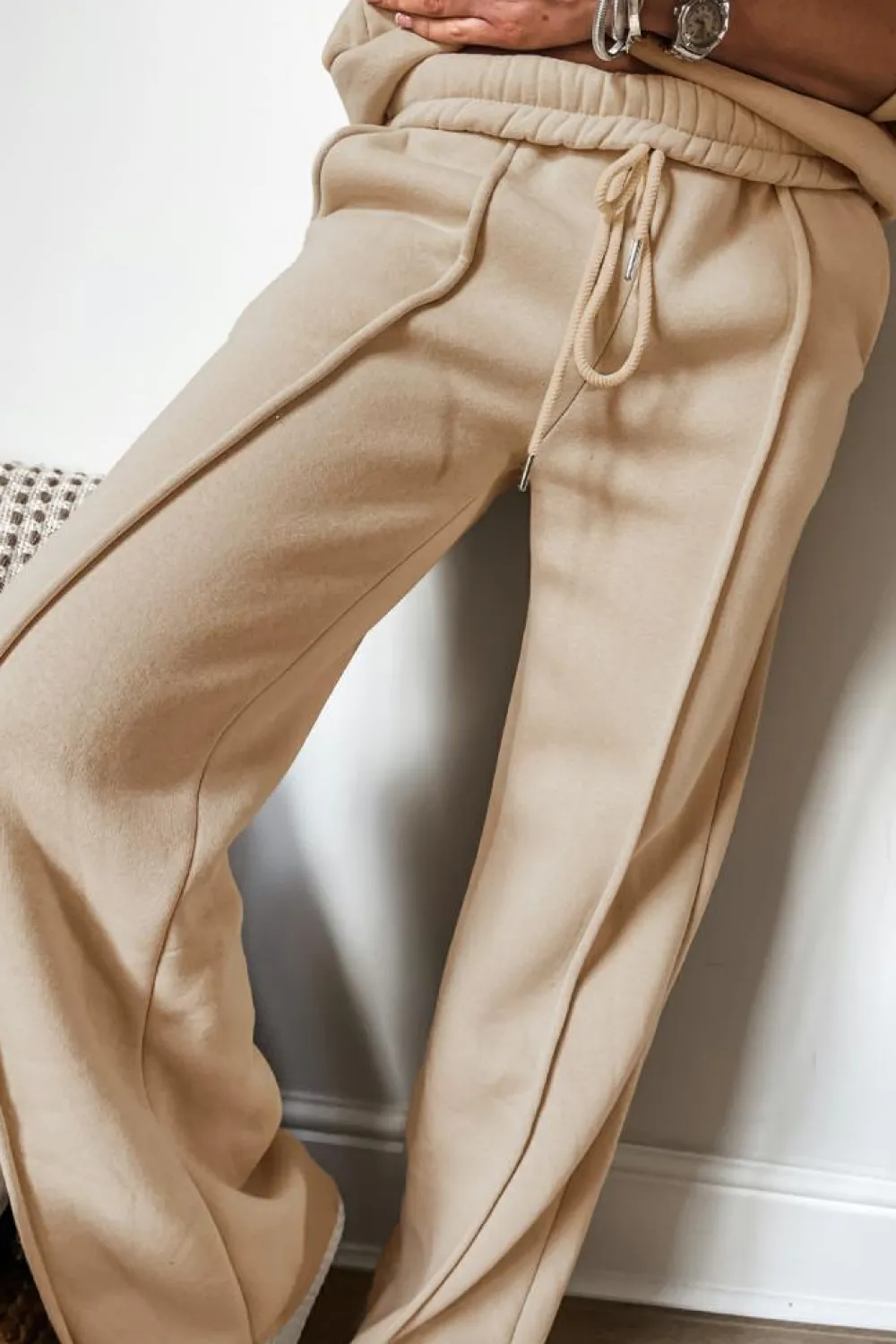 Clearance Dear-Lover Solid Seamed Zipper Jacket and Drawstring Waist Pants Set Apricot