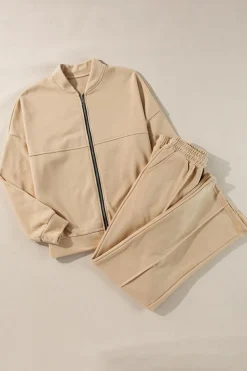 Clearance Dear-Lover Solid Seamed Zipper Jacket and Drawstring Waist Pants Set Apricot