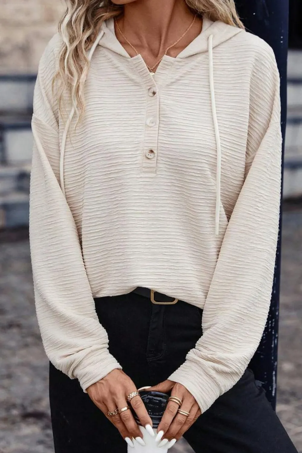 Best Dear-Lover Solid Textured Drawstring Henley Hoodie Apricot