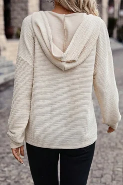 Best Dear-Lover Solid Textured Drawstring Henley Hoodie Apricot