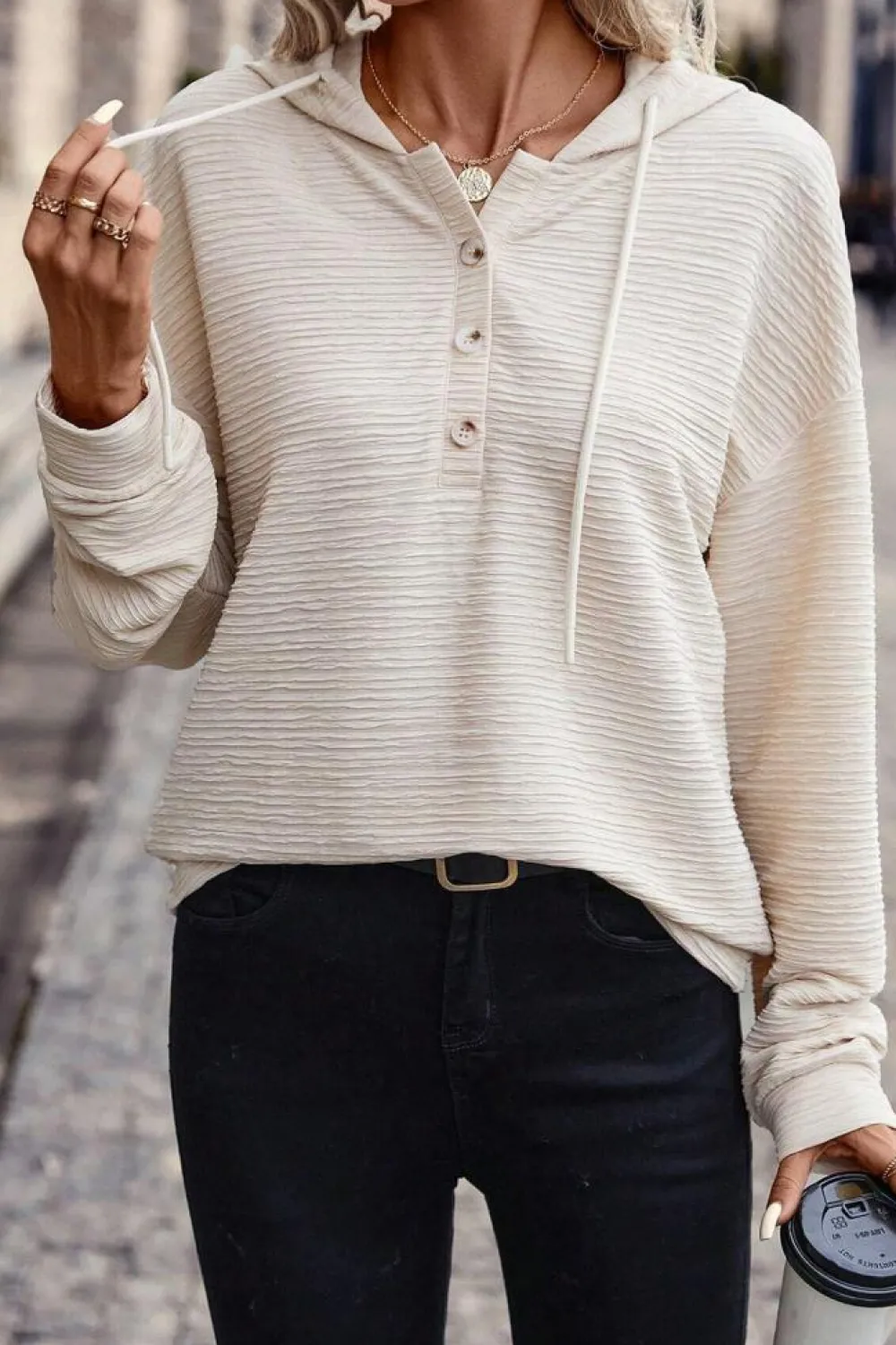 Best Dear-Lover Solid Textured Drawstring Henley Hoodie Apricot