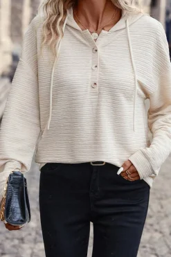 Best Dear-Lover Solid Textured Drawstring Henley Hoodie Apricot