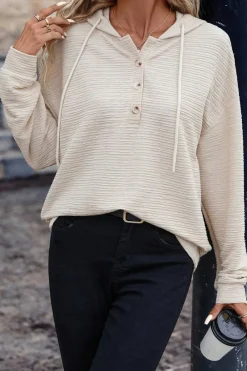 Best Dear-Lover Solid Textured Drawstring Henley Hoodie Apricot