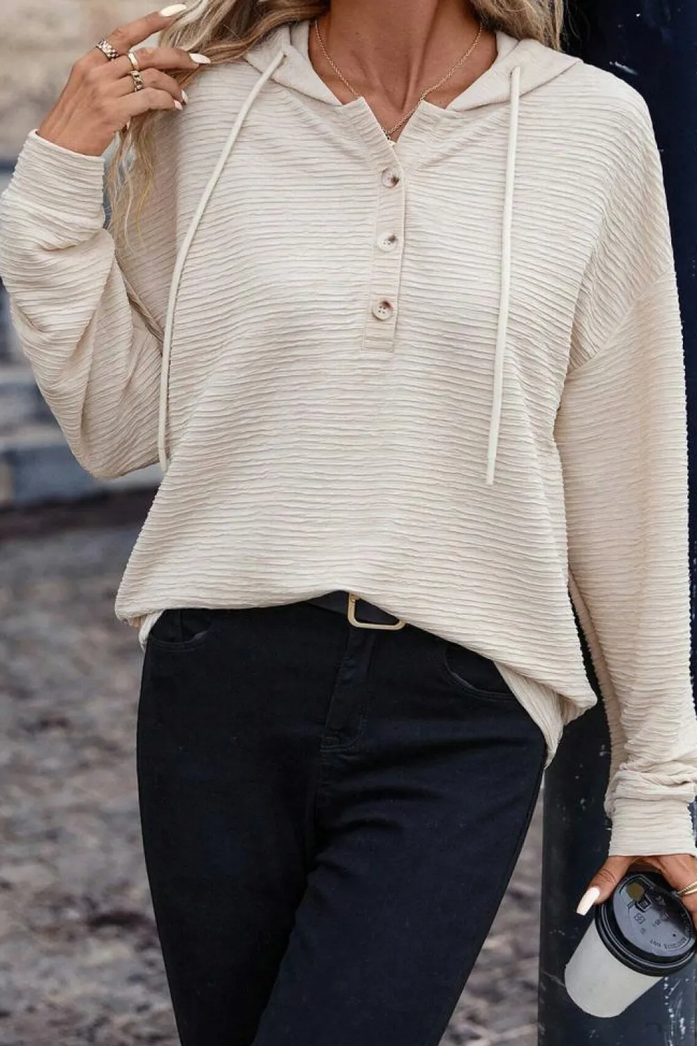 Best Dear-Lover Solid Textured Drawstring Henley Hoodie Apricot