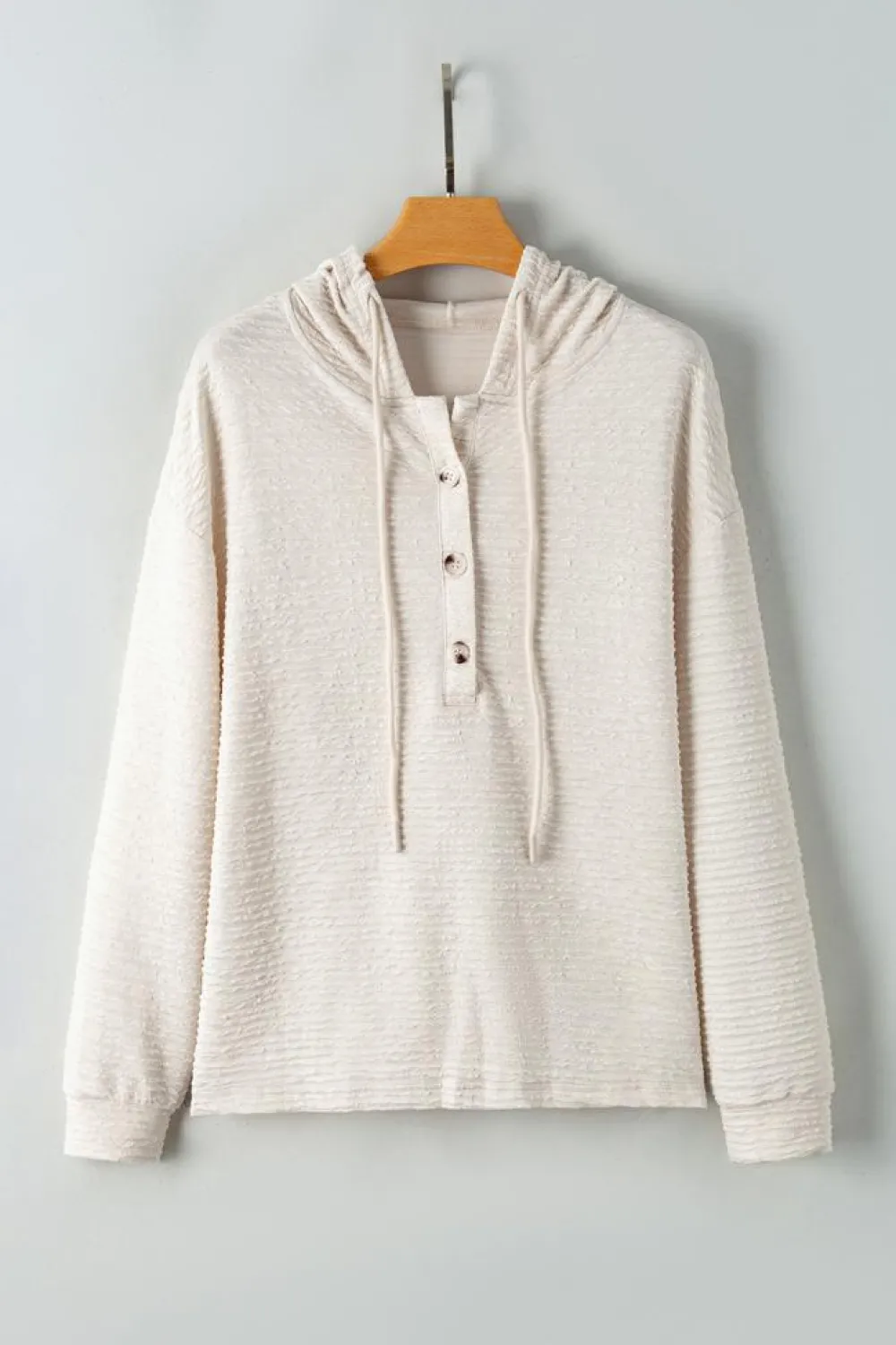 Best Dear-Lover Solid Textured Drawstring Henley Hoodie Apricot