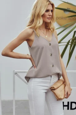 Fashion Dear-Lover Spaghetti Strap Buttoned Tank Top Apricot