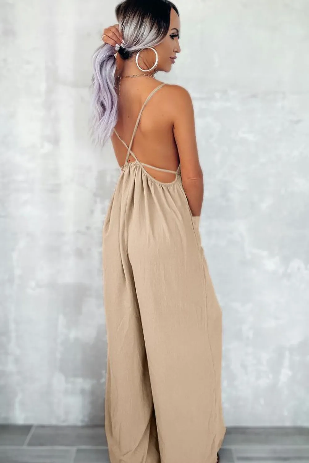 Discount Dear-Lover Spaghetti Straps Waist Tie Wide Leg Jumpsuit with Pockets Apricot