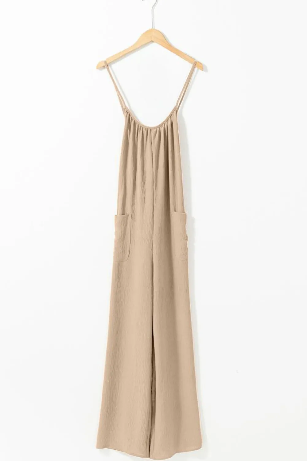 Discount Dear-Lover Spaghetti Straps Waist Tie Wide Leg Jumpsuit with Pockets Apricot
