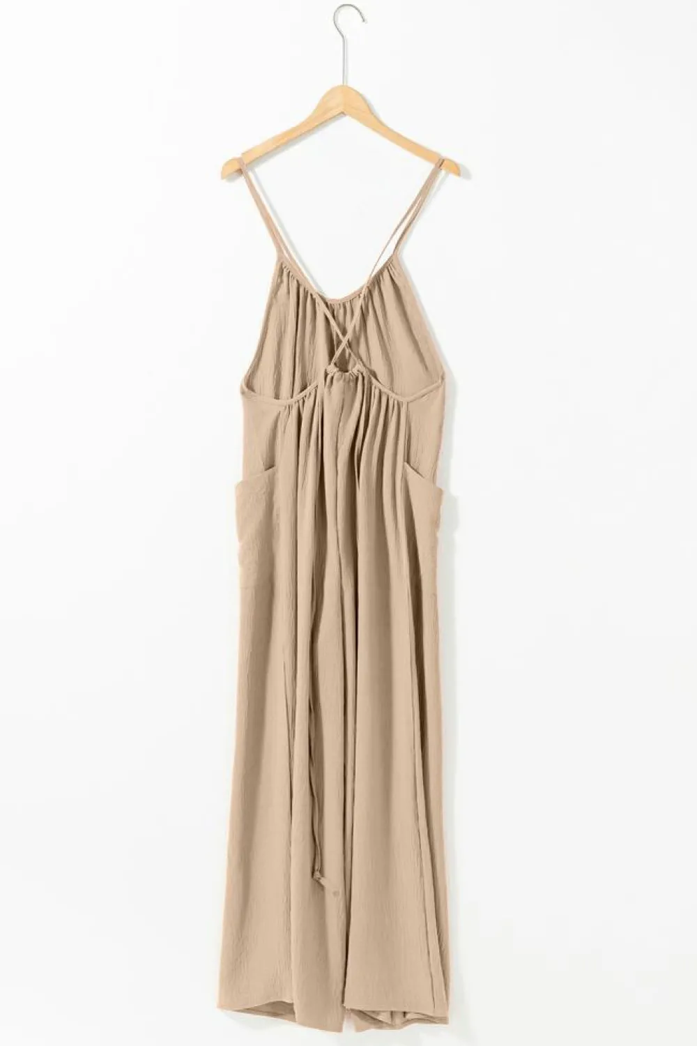 Discount Dear-Lover Spaghetti Straps Waist Tie Wide Leg Jumpsuit with Pockets Apricot