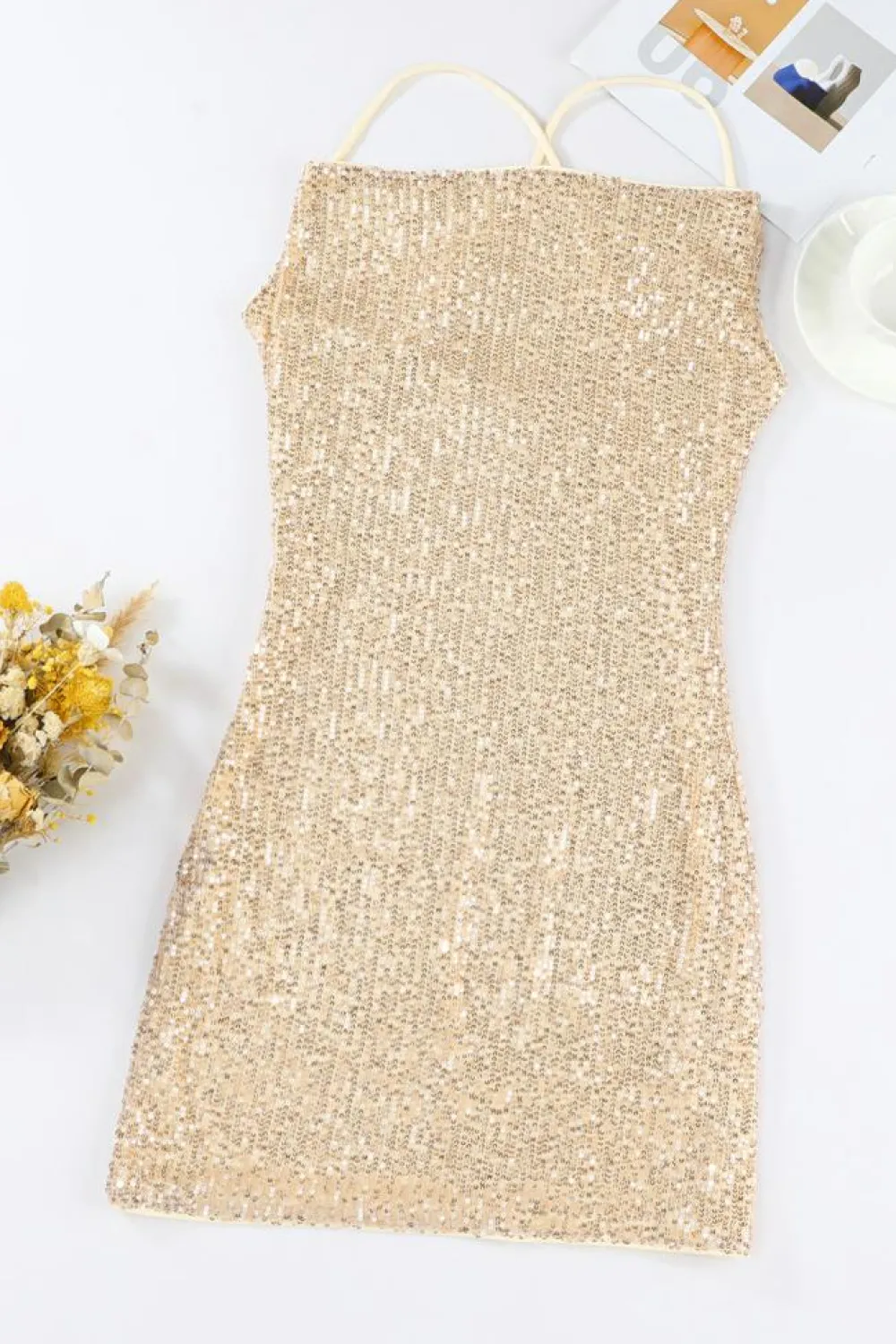 Best Dear-Lover Spaghetti Straps Cross Back Sequin Mini Dress Apricot