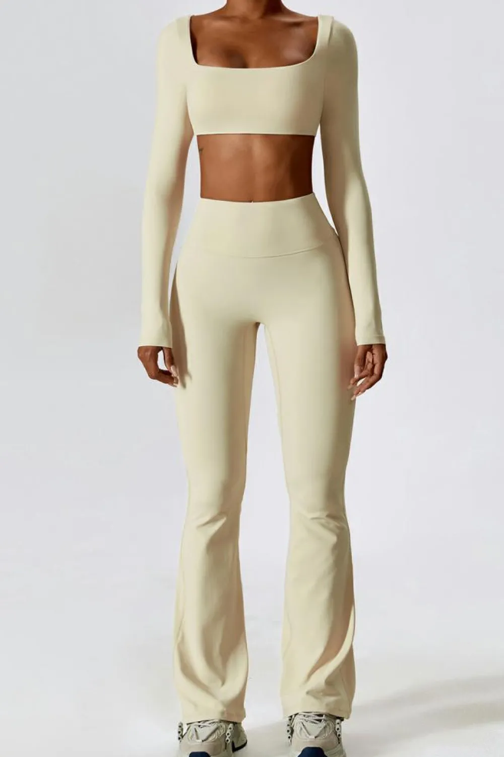 Clearance Dear-Lover Square Neck Cropped Active Top & Pants Set Apricot
