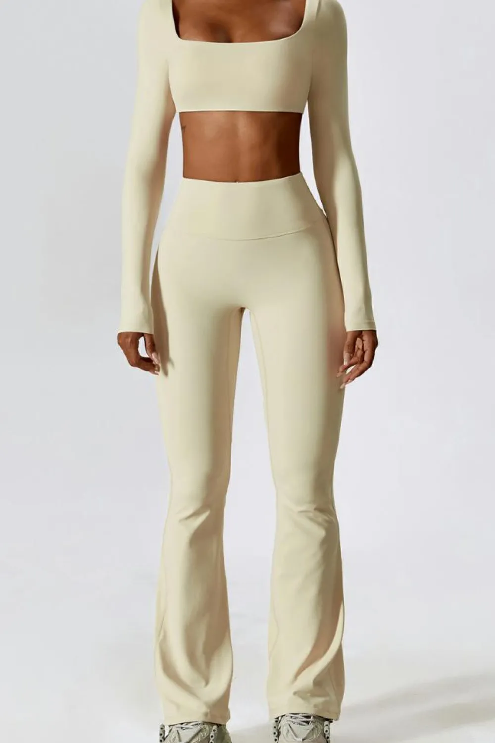 Clearance Dear-Lover Square Neck Cropped Active Top & Pants Set Apricot