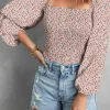 Best Dear-Lover Square Neck Puff Sleeve Floral Smocked Top Apricot
