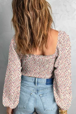 Best Dear-Lover Square Neck Puff Sleeve Floral Smocked Top Apricot