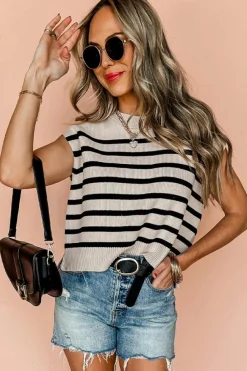 Clearance Dear-Lover Boxy Knitted Round Neck Sweater Tank Apricot Stripe