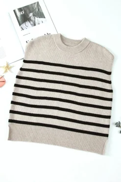 Clearance Dear-Lover Boxy Knitted Round Neck Sweater Tank Apricot Stripe