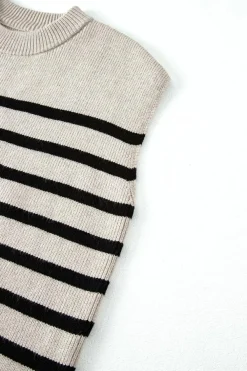 Clearance Dear-Lover Boxy Knitted Round Neck Sweater Tank Apricot Stripe