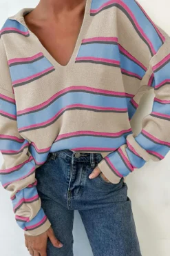 Online Dear-Lover Collared V Neck Drop Shoulder Loose Sweater Apricot Stripe