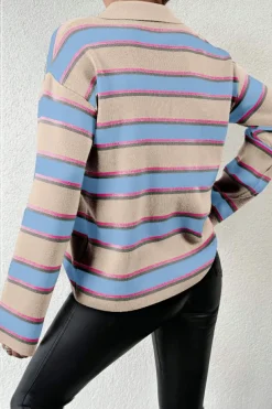 Online Dear-Lover Collared V Neck Drop Shoulder Loose Sweater Apricot Stripe