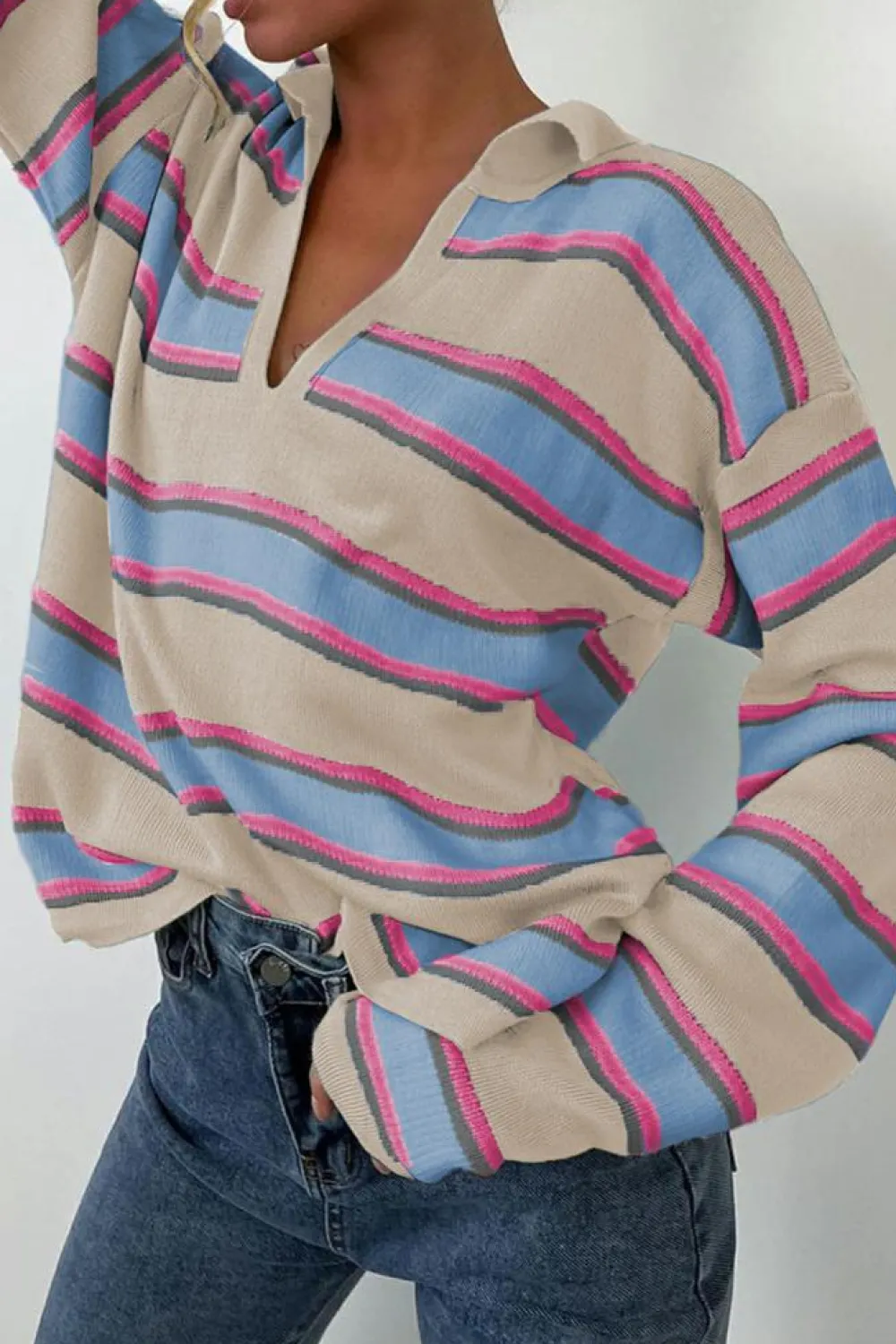 Online Dear-Lover Collared V Neck Drop Shoulder Loose Sweater Apricot Stripe