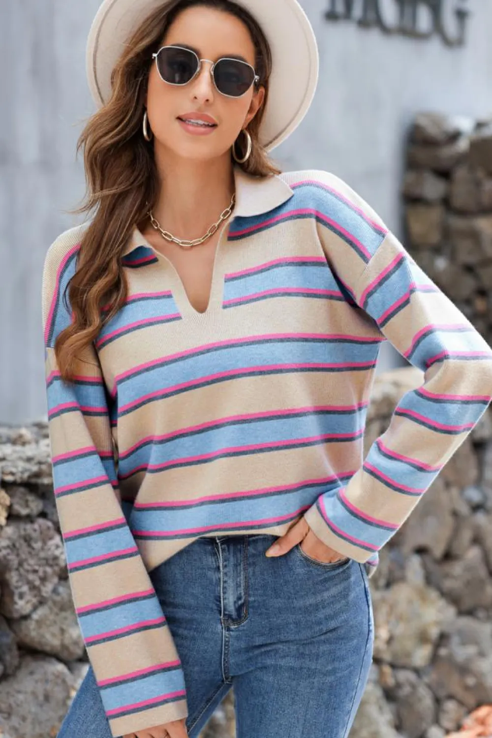 Online Dear-Lover Collared V Neck Drop Shoulder Loose Sweater Apricot Stripe