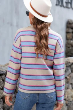 Online Dear-Lover Collared V Neck Drop Shoulder Loose Sweater Apricot Stripe