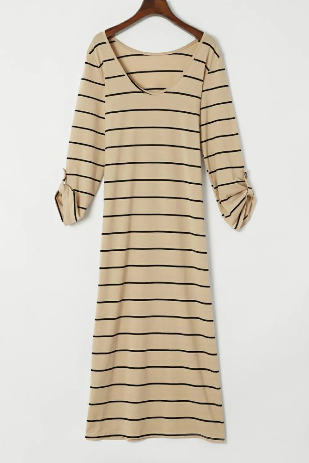 Online Dear-Lover Striped Casual Slit Long Dress Apricot