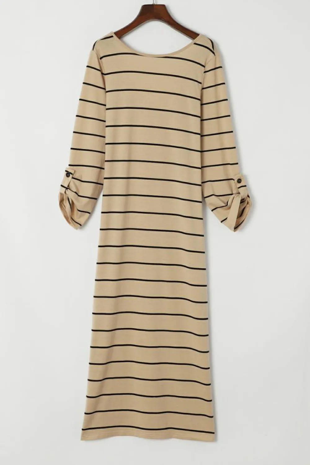 Online Dear-Lover Striped Casual Slit Long Dress Apricot