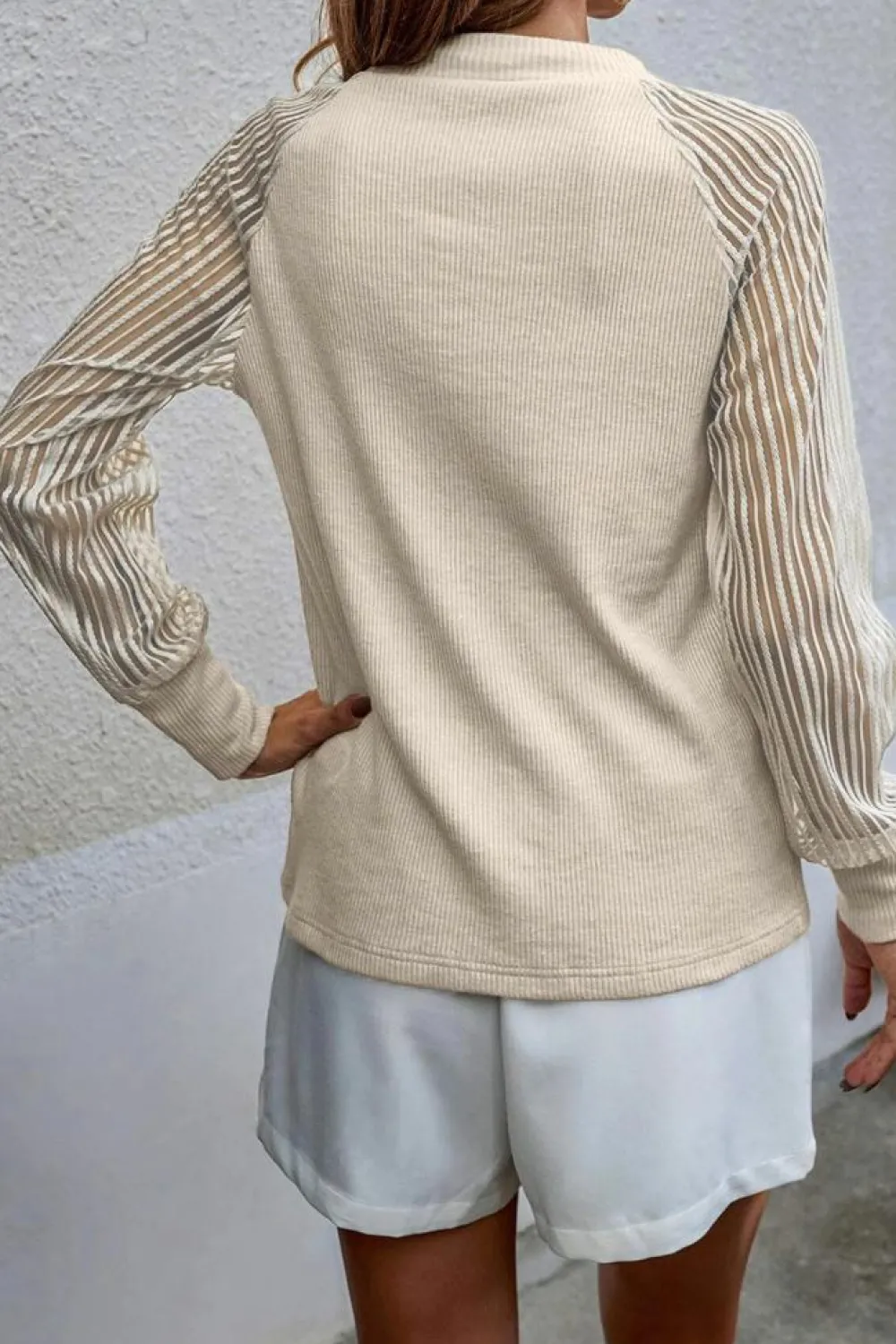 Fashion Dear-Lover Striped Mesh Long Sleeve Crewneck Ribbed Top Apricot