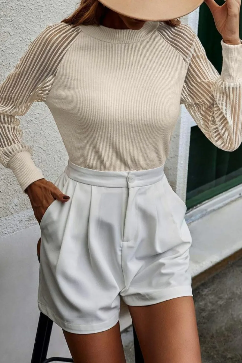 Fashion Dear-Lover Striped Mesh Long Sleeve Crewneck Ribbed Top Apricot