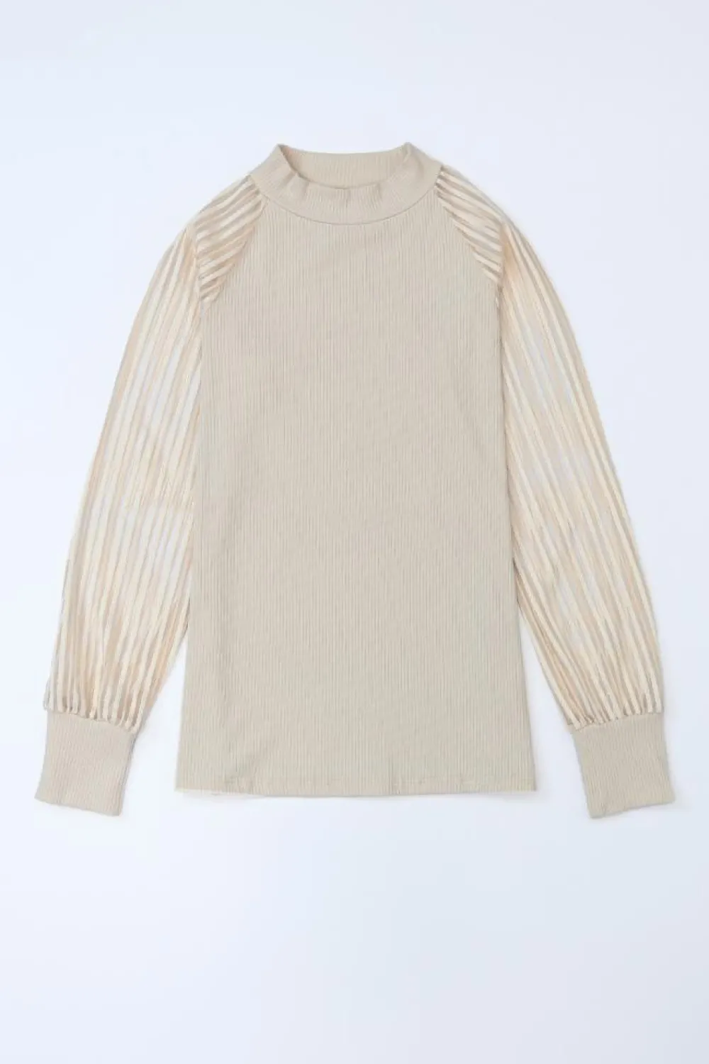 Fashion Dear-Lover Striped Mesh Long Sleeve Crewneck Ribbed Top Apricot