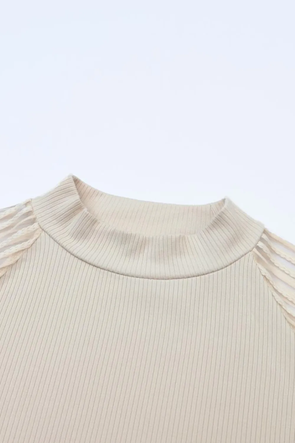 Fashion Dear-Lover Striped Mesh Long Sleeve Crewneck Ribbed Top Apricot