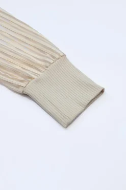 Fashion Dear-Lover Striped Mesh Long Sleeve Crewneck Ribbed Top Apricot