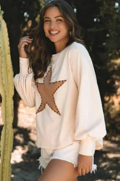 New Dear-Lover Studded Star Graphic Oversized Long Sleeve Top Apricot