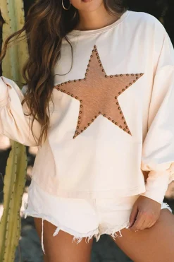 New Dear-Lover Studded Star Graphic Oversized Long Sleeve Top Apricot