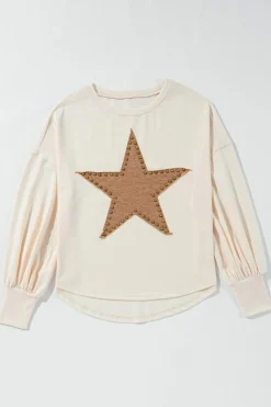 New Dear-Lover Studded Star Graphic Oversized Long Sleeve Top Apricot