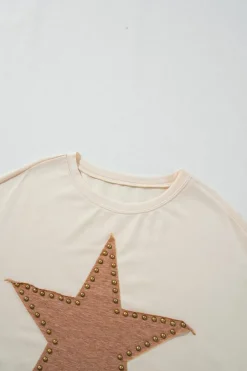 New Dear-Lover Studded Star Graphic Oversized Long Sleeve Top Apricot
