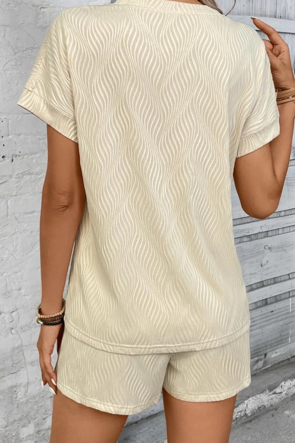 Outlet Dear-Lover Textured Crew Neck Tee and Shorts Set Apricot