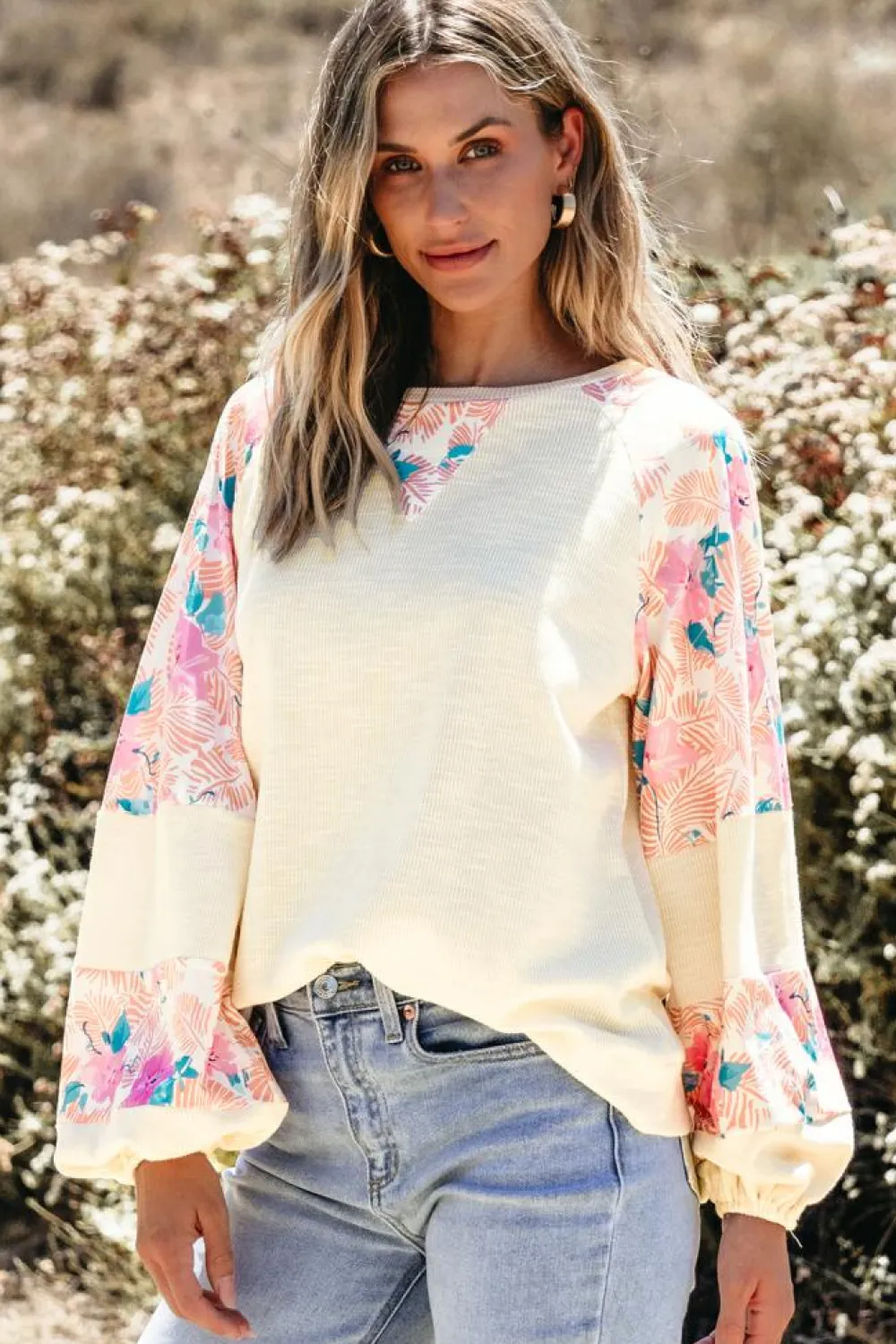 New Dear-Lover Textured Floral Patchwork Balloon Sleeve Blouse Apricot