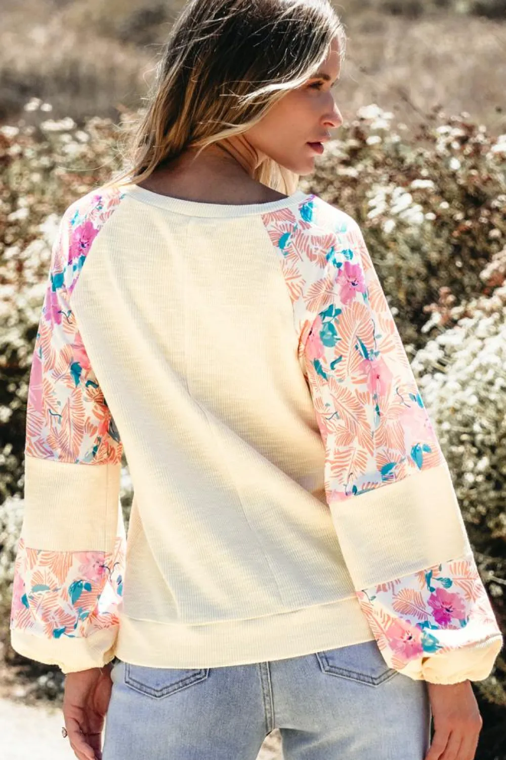 New Dear-Lover Textured Floral Patchwork Balloon Sleeve Blouse Apricot