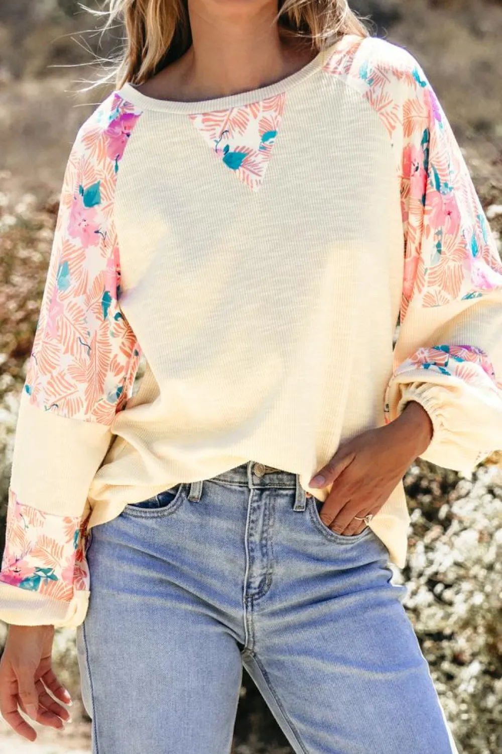New Dear-Lover Textured Floral Patchwork Balloon Sleeve Blouse Apricot