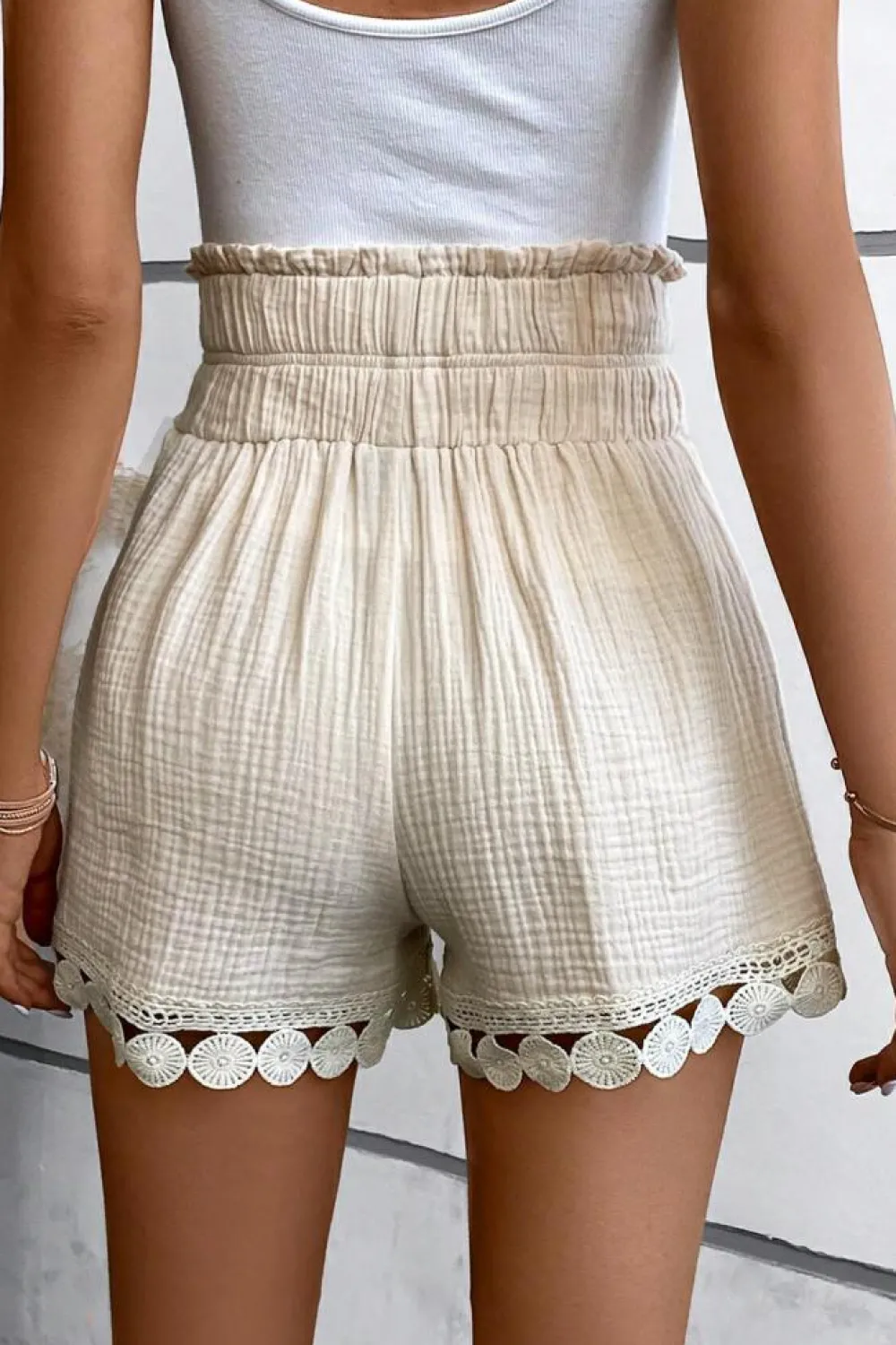 Online Dear-Lover Textured Frilled Knotted High Waist Lace Hem Shorts Apricot