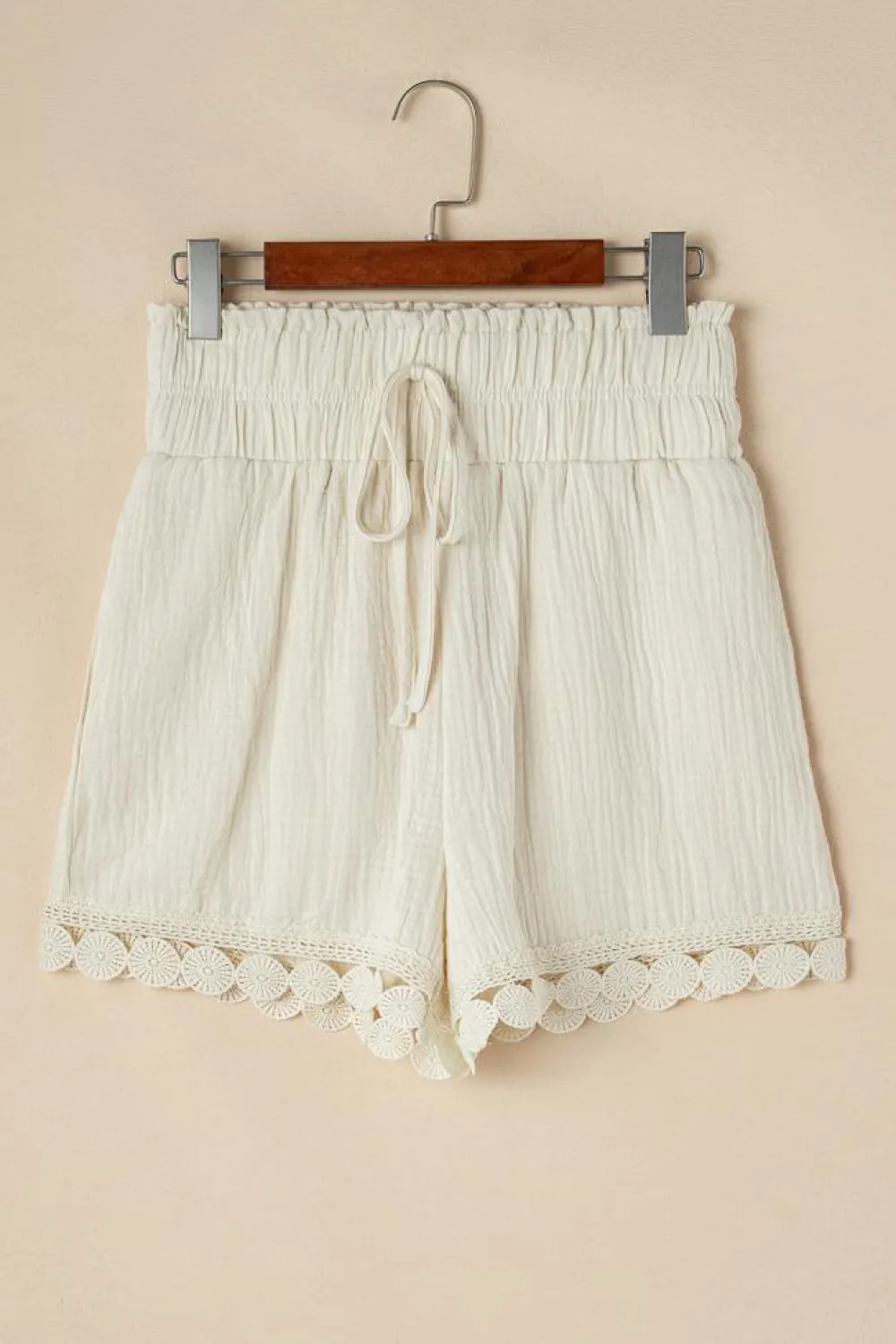 Online Dear-Lover Textured Frilled Knotted High Waist Lace Hem Shorts Apricot