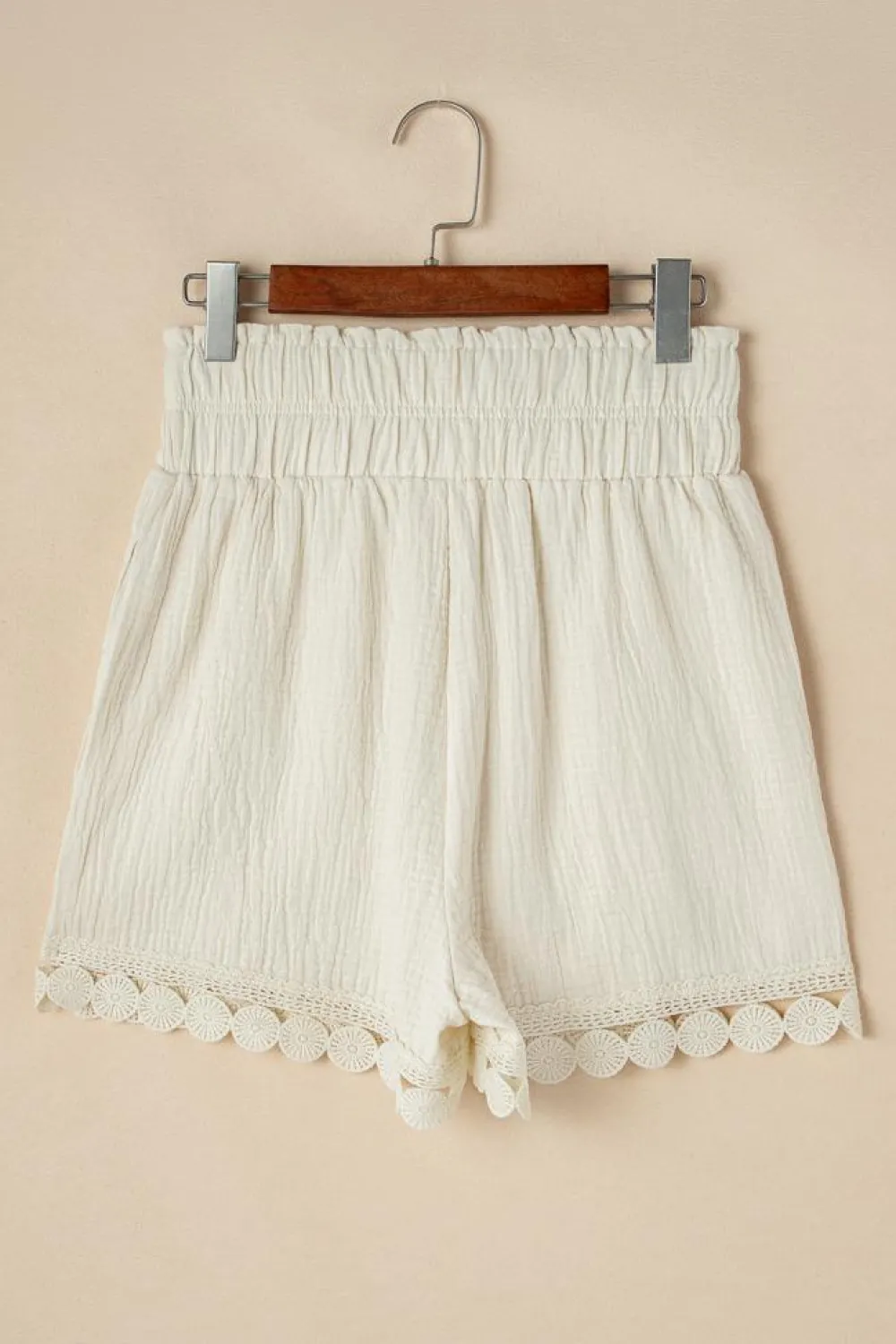 Online Dear-Lover Textured Frilled Knotted High Waist Lace Hem Shorts Apricot