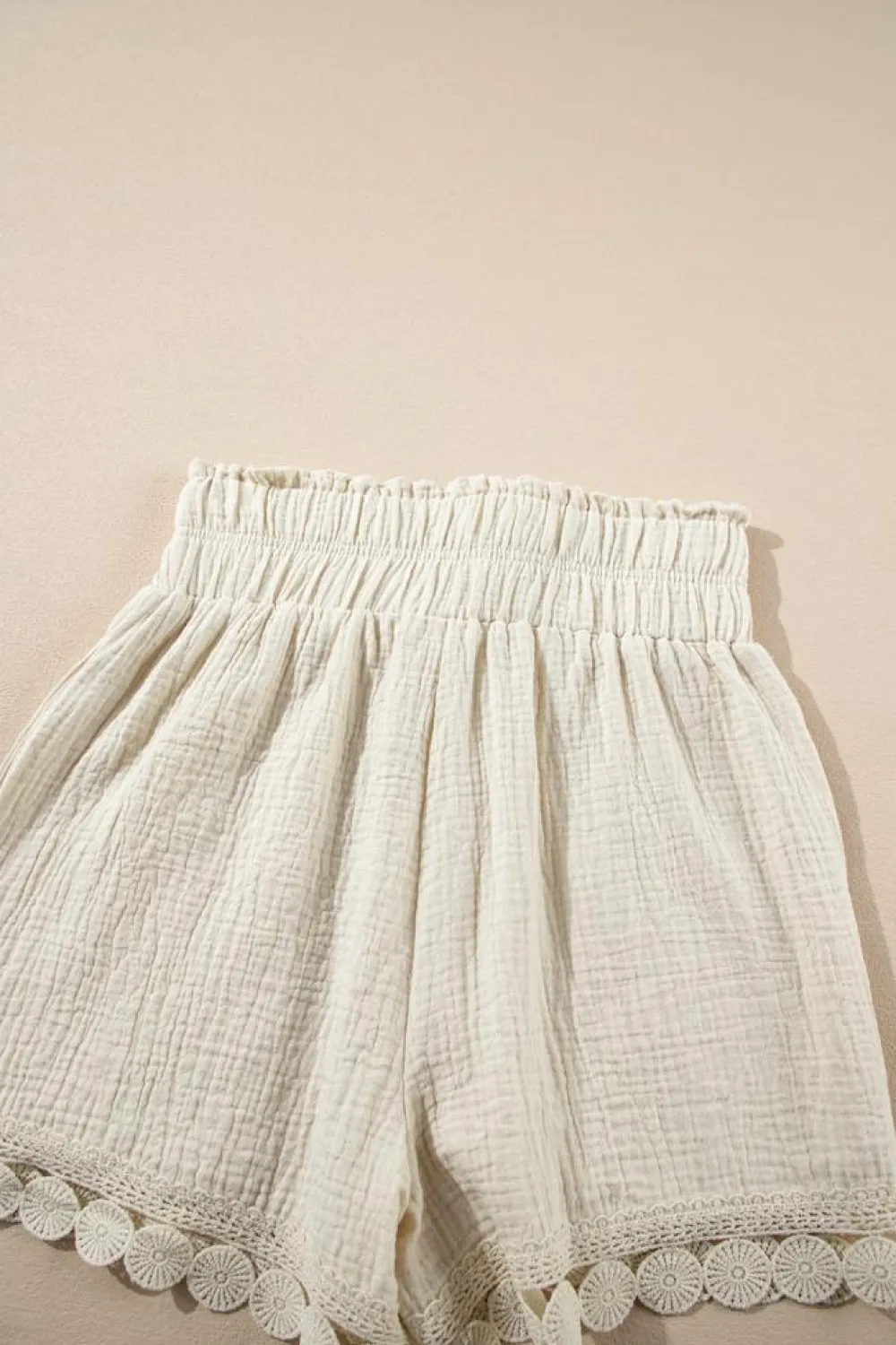 Online Dear-Lover Textured Frilled Knotted High Waist Lace Hem Shorts Apricot