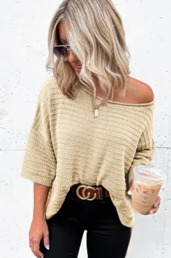 Hot Dear-Lover Textured Knit Drop Shoulder Short Sleeve Sweater Apricot