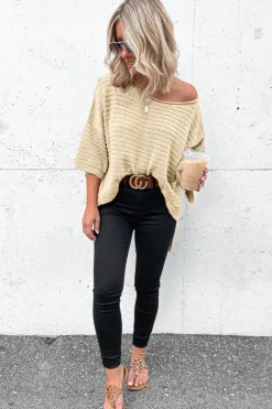 Hot Dear-Lover Textured Knit Drop Shoulder Short Sleeve Sweater Apricot