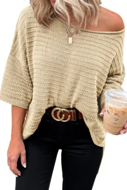 Hot Dear-Lover Textured Knit Drop Shoulder Short Sleeve Sweater Apricot
