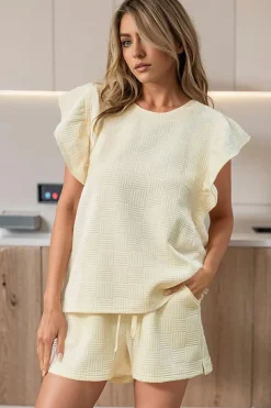 Outlet Dear-Lover Textured Ruffled Sleeve Tee and Drawstring Shorts Set Apricot
